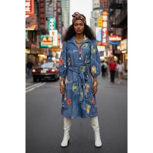 Vintage 70s Faux Denim Patchwork Print Dress Funky Handmade M